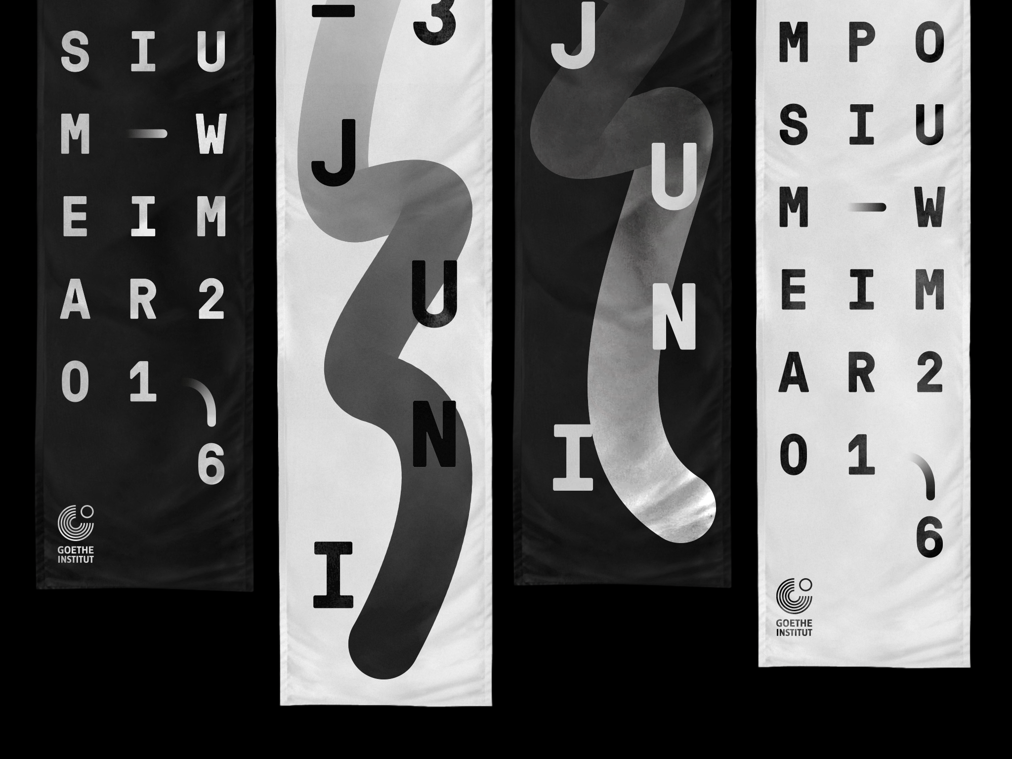 Typografische Fahnen und Keyvisual-Fahnen in schwarz/weiß / Typographic flags and key visual flags in black and white