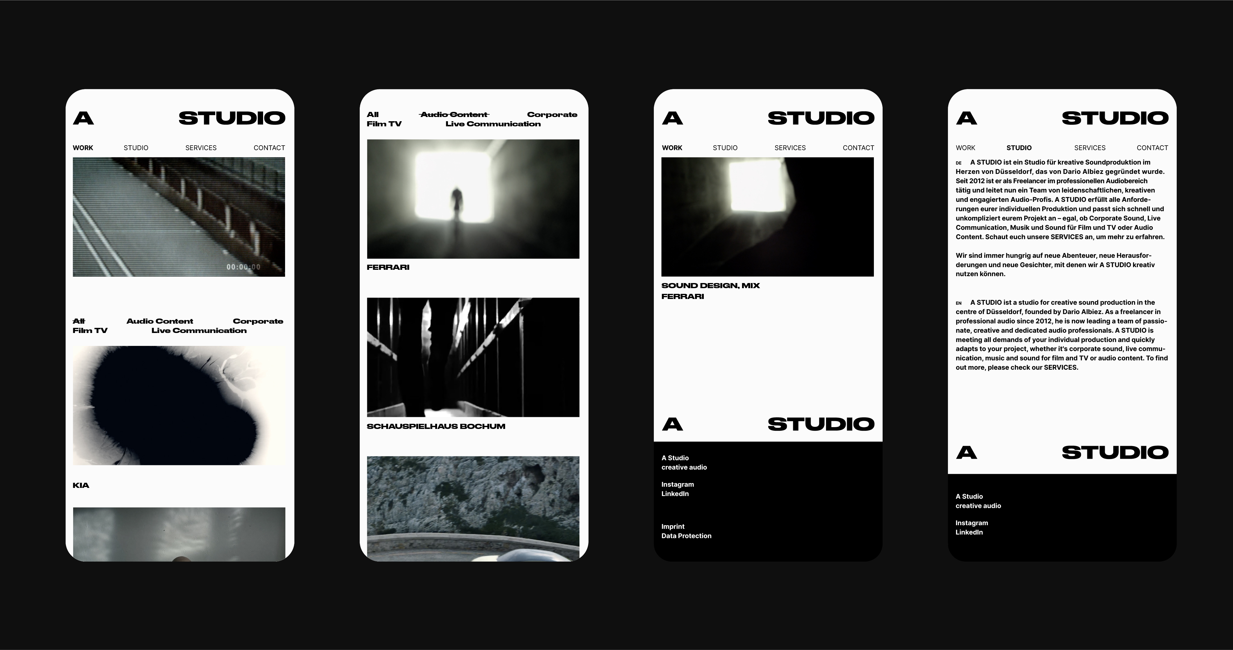4 Ansichten der mobilen Website von A Studio / 4 views of the A Studio mobile website