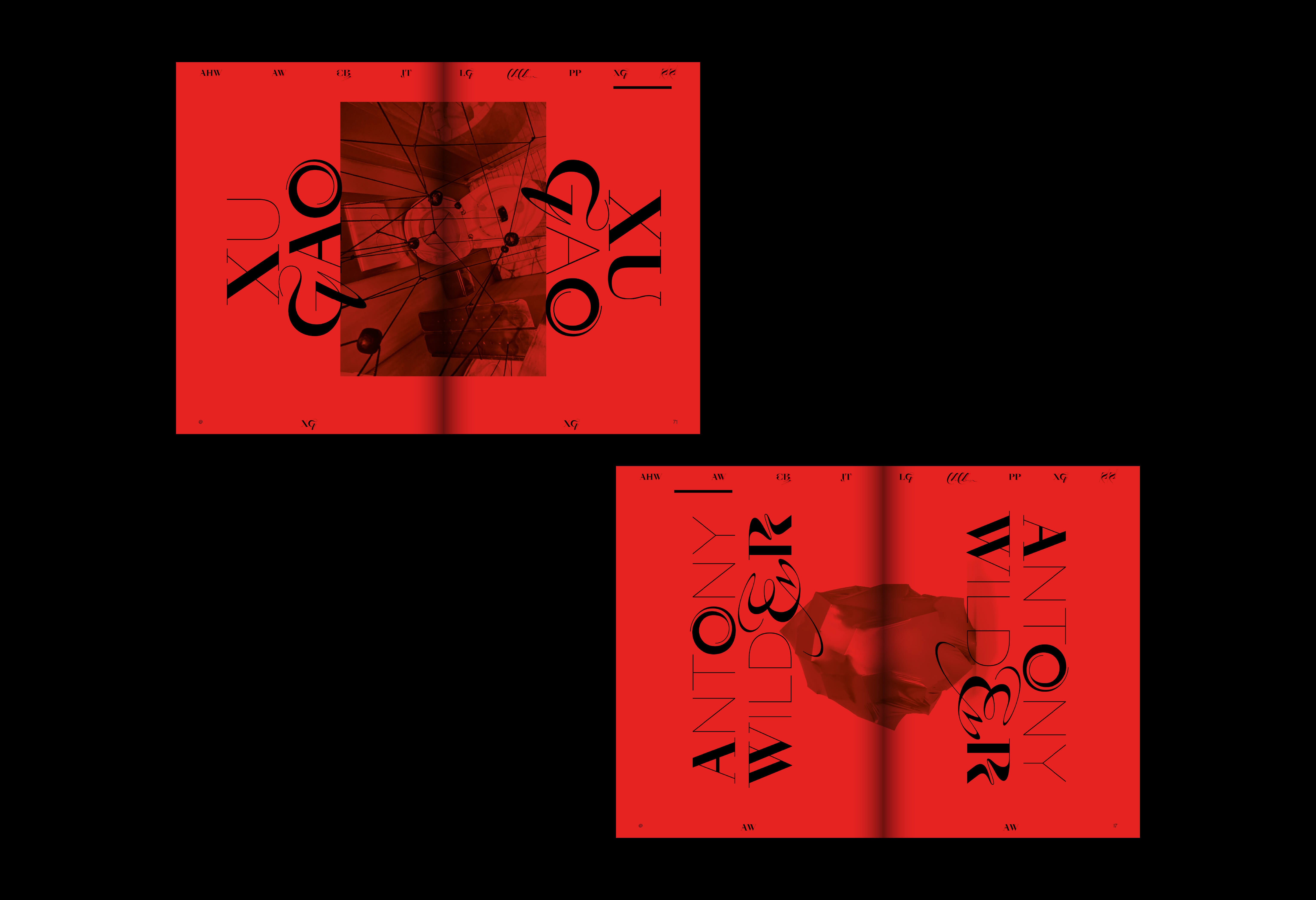 zwei rote Eröffnungsseiten aus einem Kunstkatalog / two red opening pages from an art catalog
